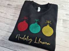 Custom Baby & Kids  BLACK welsh  NADOLIG LLAWEN glitter 3 baubles jumper