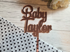 Personalised Mirrored acrylic Baby surname cake topper baby shower rose gold gold or silver