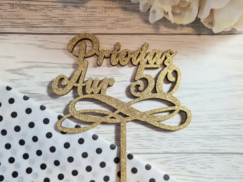 Personalised wooden Welsh Anniversary Priodas cake topper Any year Glitter