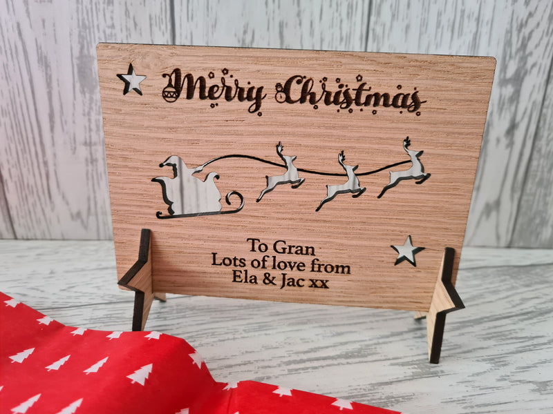 Personalised Engraved oak veneer freestanding Christmas card keepsake