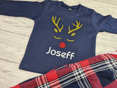 Personalised Family Christmas glitter REINDEER Navy and red tartan pyjamas Pjs name detail