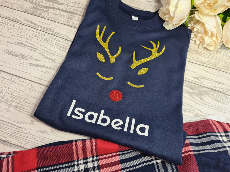 Personalised Family Christmas glitter REINDEER Navy and red tartan pyjamas Pjs name detail