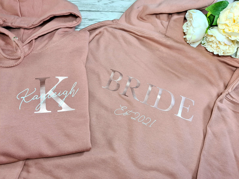 Personalised UNISEX DUSKY PINK Bride, Bridemaid hoodie with Letter and Name detail