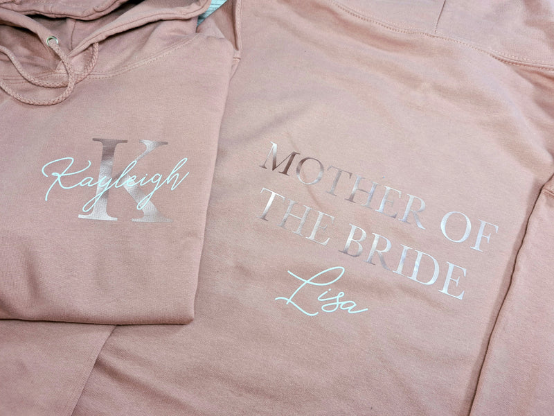 Personalised UNISEX DUSKY PINK Bride, Bridemaid hoodie with Letter and Name detail
