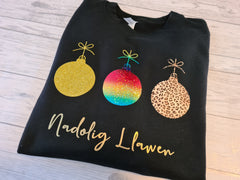 Custom Unisex BLACK welsh  NADOLIG LLAWEN rainbow 3 baubles jumper