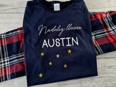 Personalised Family Welsh Nadolig llawen glitter stars Navy and red tartan christmas pyjamas