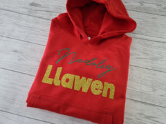 Custom Welsh Kids RED hoodie with Nadolig llawen glitter detail
