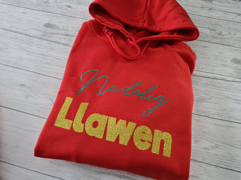 Custom welsh UNISEX RED christmas hoodie with Nadolig llawen glitter detail