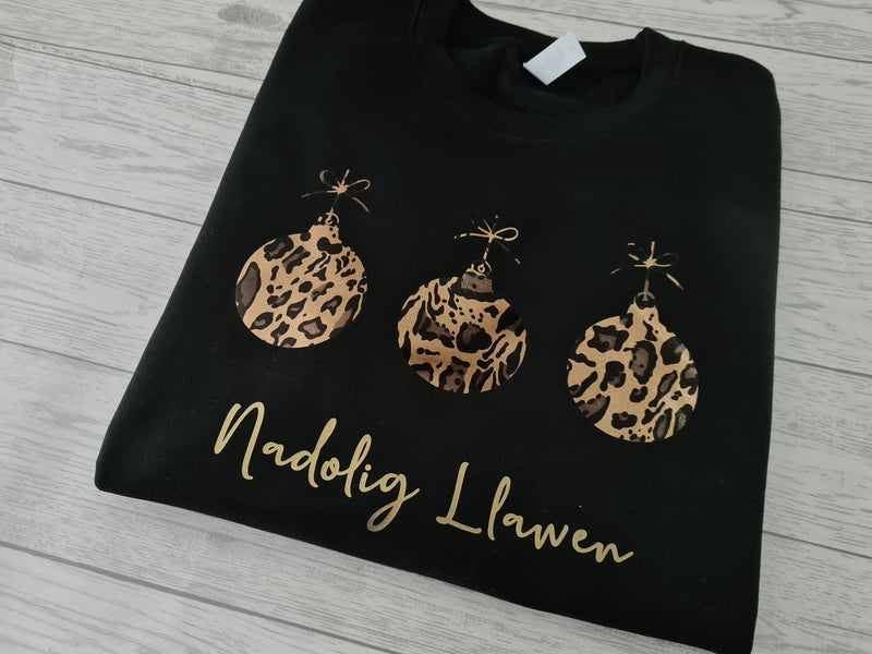 Custom Unisex BLACK welsh  NADOLIG LLAWEN chrome leopard print 3 baubles jumper