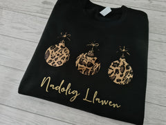 Custom Baby & Kids BLACK welsh  NADOLIG LLAWEN chrome LEOPARD print 3 baubles jumper