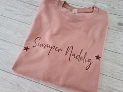 Custom Welsh Kids DUSKY PINK Siwmper nadolig Christmas jumper with stars