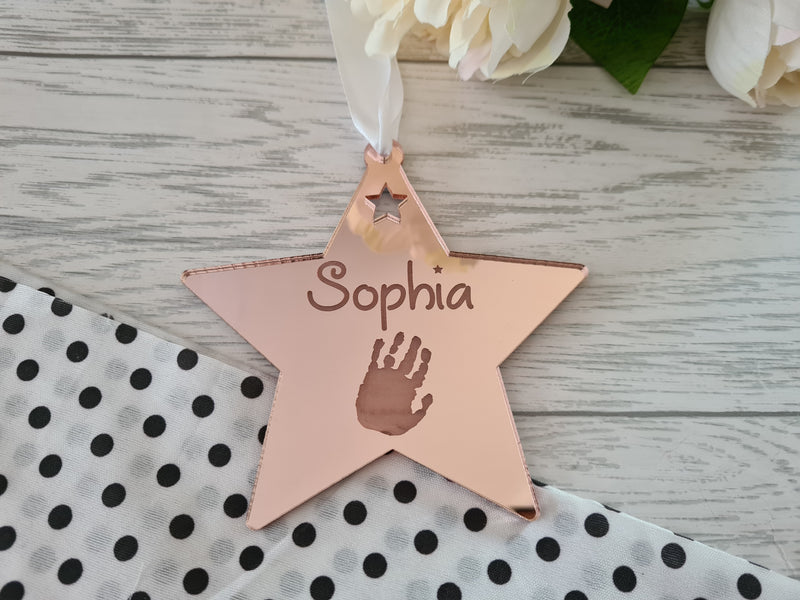 Personalised STAR Christmas bauble Mirrored acrylic Name and handprint rose gold, pink, gold or silver