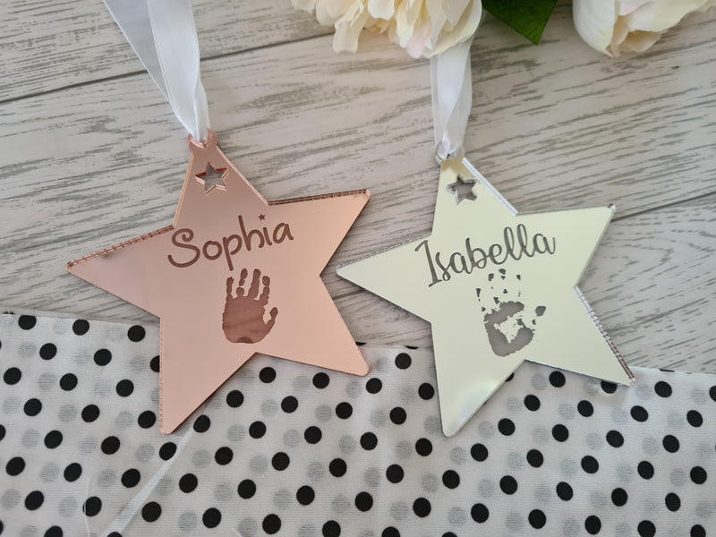 Personalised STAR Christmas bauble Mirrored acrylic Name and handprint rose gold, pink, gold or silver