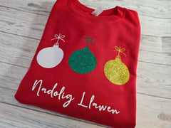 Custom Unisex RED welsh  NADOLIG LLAWEN glitter 3 baubles jumper