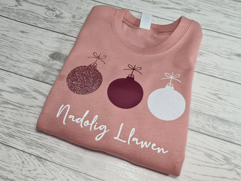 Custom Kids DUSKY PINK 3 bauble Christmas jumper rose glitter welsh or english