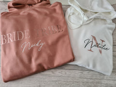 Personalised UNISEX Dusky PINK or WHITE Bride Tribe hoodie with Letter and Name detail hen do