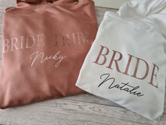 Personalised UNISEX Dusky PINK or WHITE Bride Tribe hoodie with Letter and Name detail hen do