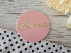 Personalised acrylic disc Charm birthday Name  cake topper Any name in range of colours