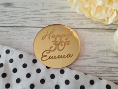 Custom mirrored acrylic circle birthday cake charm with age and name choice of colours