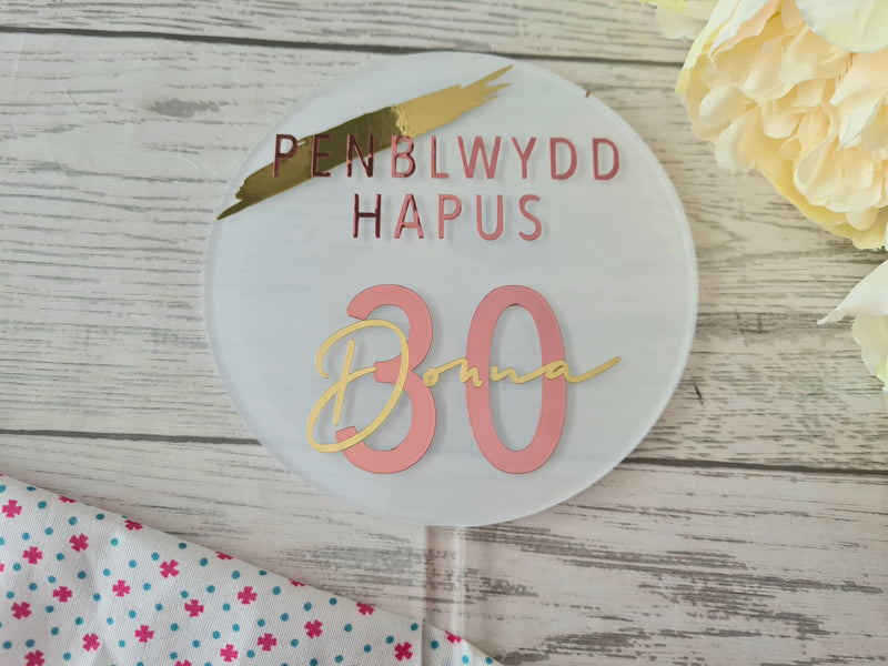 Personalised clear acrylic paddle Welsh Penblywdd hapus Name and age cake topper