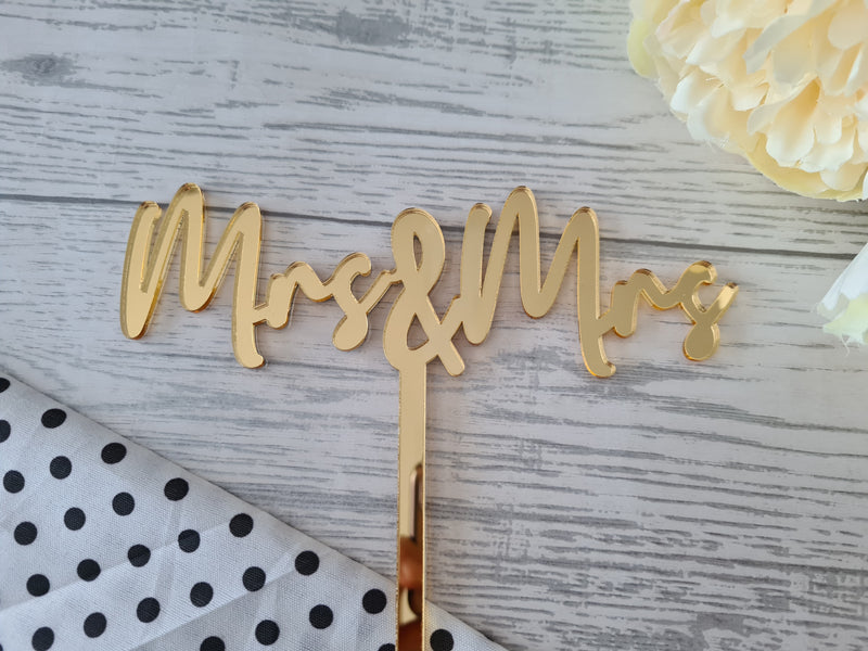 Personalised Mirrored acrylic Wedding cake topper Mrs & Mrs or Mr & Mrs