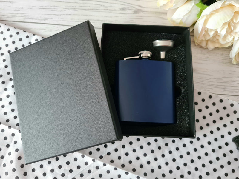 Personalised  Engraved Navy or black stainless steel hip flask 6oz Wedding gift groomsman best man