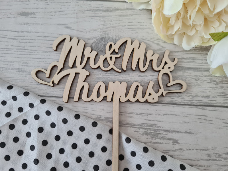 Personalised wooden Wedding cake topper Mr Mrs surname hearts Any Colour