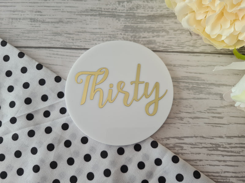 Personalised acrylic disc Charm birthday AGE cake topper Any age in range of colours