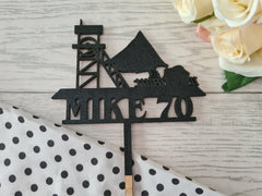 Personalised wooden birthday Mining miner cake topper Any name and age Glitter
