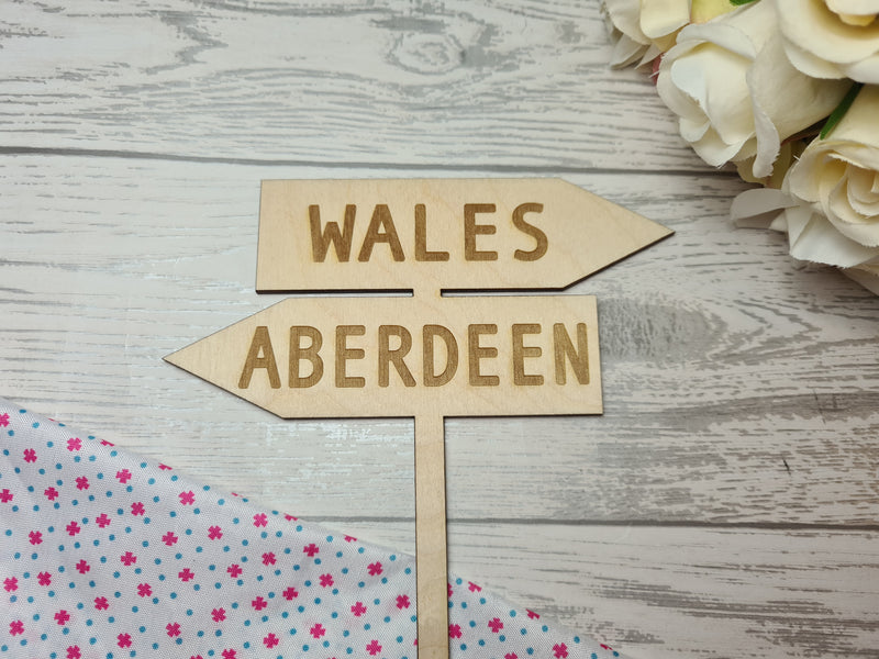 Personalised wooden birthday sign post travel cake topper Any places