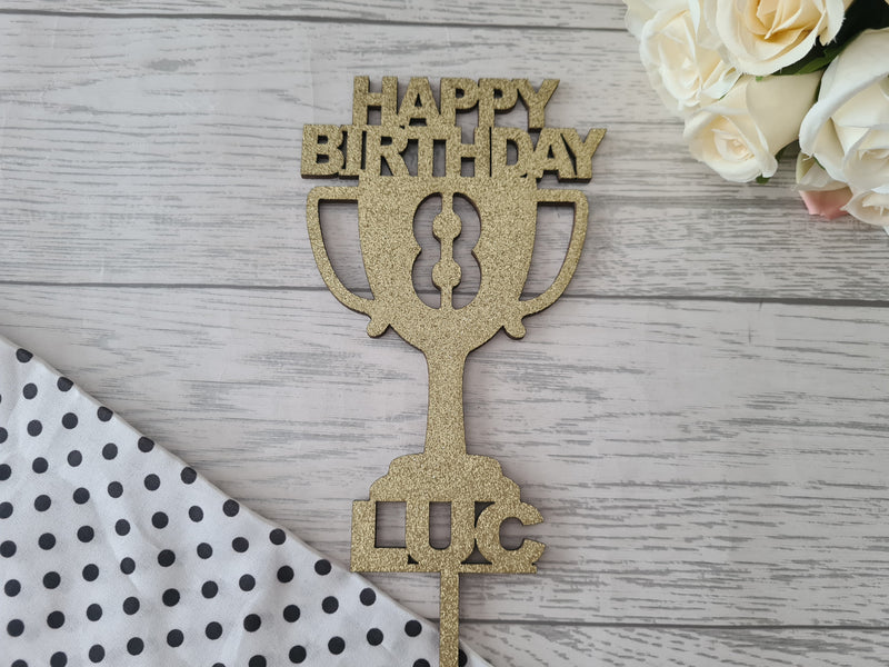 Personalised wooden birthday football cup trophy cake topper Any name and age Glitter