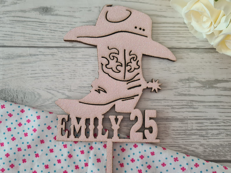 Personalised wooden birthday Cowboy boot and hat cake topper Any name and age Glitter