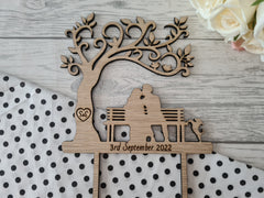 Personalised oak veneer Wedding tree bench cake topper with animal Any name date