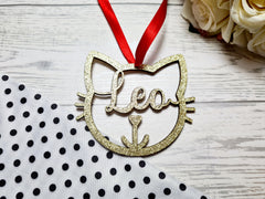 Personalised wooden Glitter CAT Pet Christmas bauble with Name