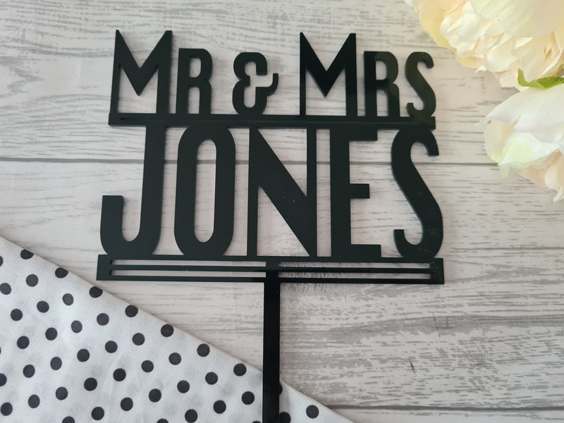 Personalised Black or Mirrored acrylic BOLD Wedding surname cake topper