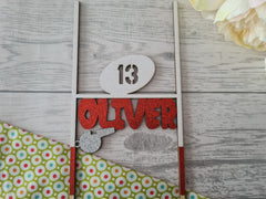 Personalised wooden Glitter birthday Welsh RUGBY posts cake topper Any name Any age choose colour
