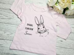 Personalised Baby pink  Easter bunny Baby long t-shirt with Pasg cyntaf NAME detail