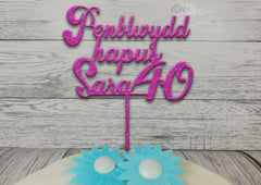 Personalised wooden Glitter birthday Welsh Penblwydd Hapus age cake topper Any name Any Age