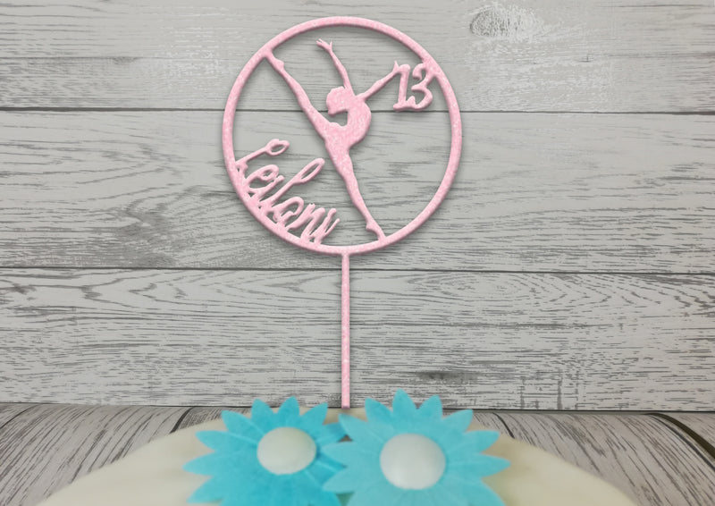 Personalised wooden birthday Gymnast cake topper Any name glitter Any age Ballet