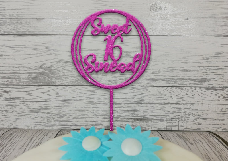 Personalised wooden glitter Circle birthday cake topper Sweet 16 Any name