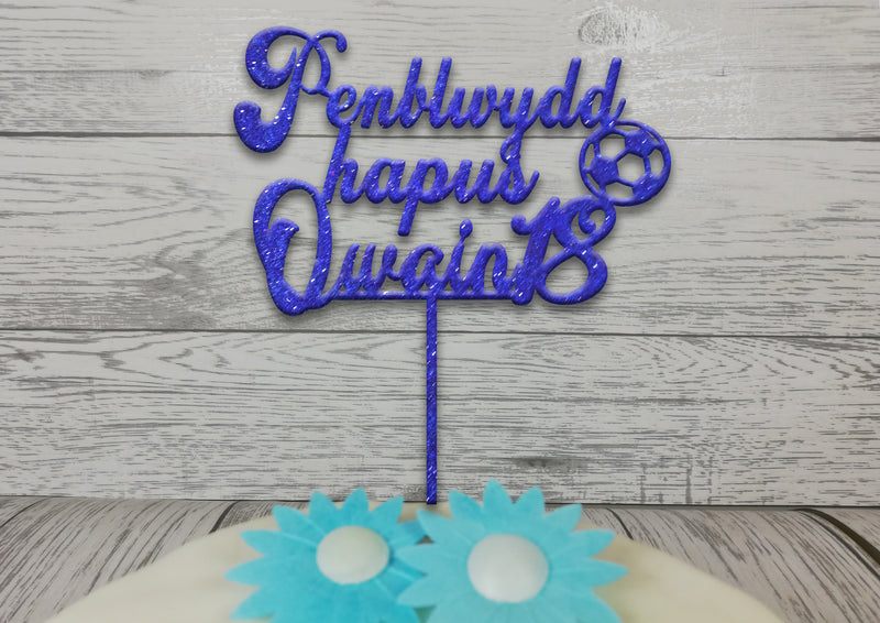 Personalised wooden glitter Welsh Football birthday Penblwydd hapus cake topper Any name Any age