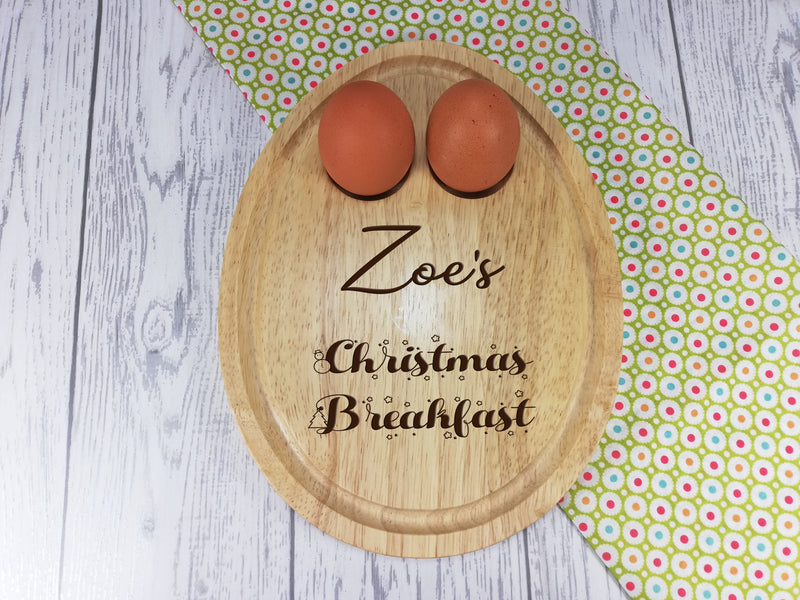 Personalised Engraved Christmas Wooden Egg Shaped breakfast board Any Name