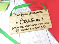 Personalised Engraved oak veneer 20cm hanging Christmas sign Any Surname Christmas is about