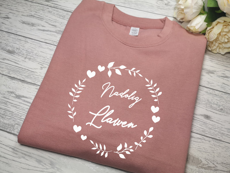 Custom Kids DUSKY PINK welsh christmas jumper with NADOLIG LLAWEN circle detail