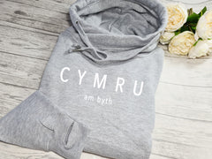 Custom unisex WELSH Heather GREY cross neck hoodie with CYMRU am byth