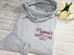 Personalised unisex Heather GREY cross neck hoodie with NAME babysitting detail