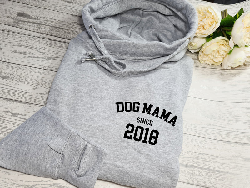 Personalised UNISEX Heather GREY cross neck hoodie with DOG MAMA since year