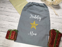 Personalised Grey welsh nadolig cyntaf Santa sack bag add a name