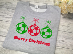 Custom Kids / adults unisex Heather GREY christmas jumper footballs BAUBLES with Nadolig Llawen detail