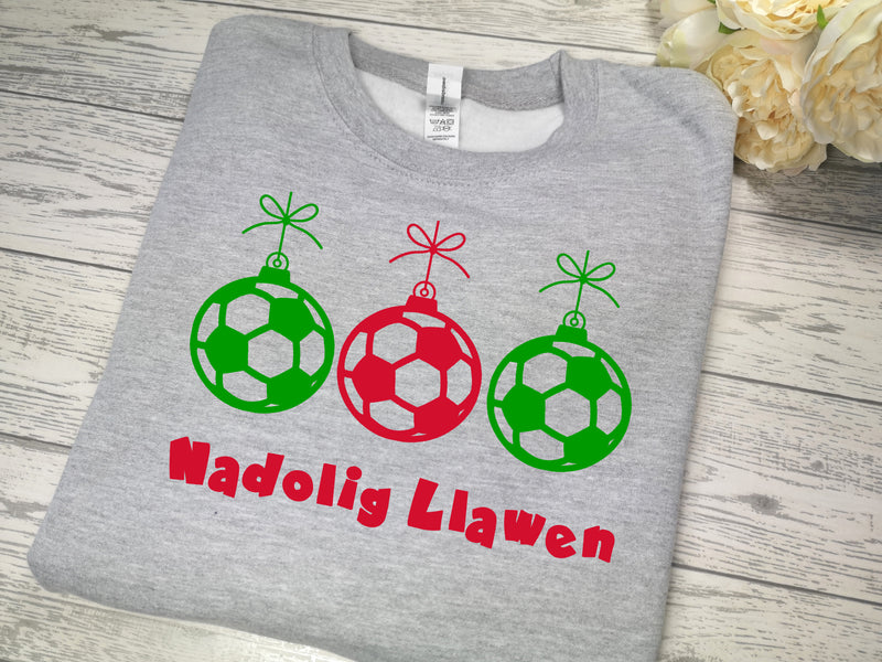 Custom Kids / adults unisex Heather GREY christmas jumper footballs BAUBLES with Nadolig Llawen detail